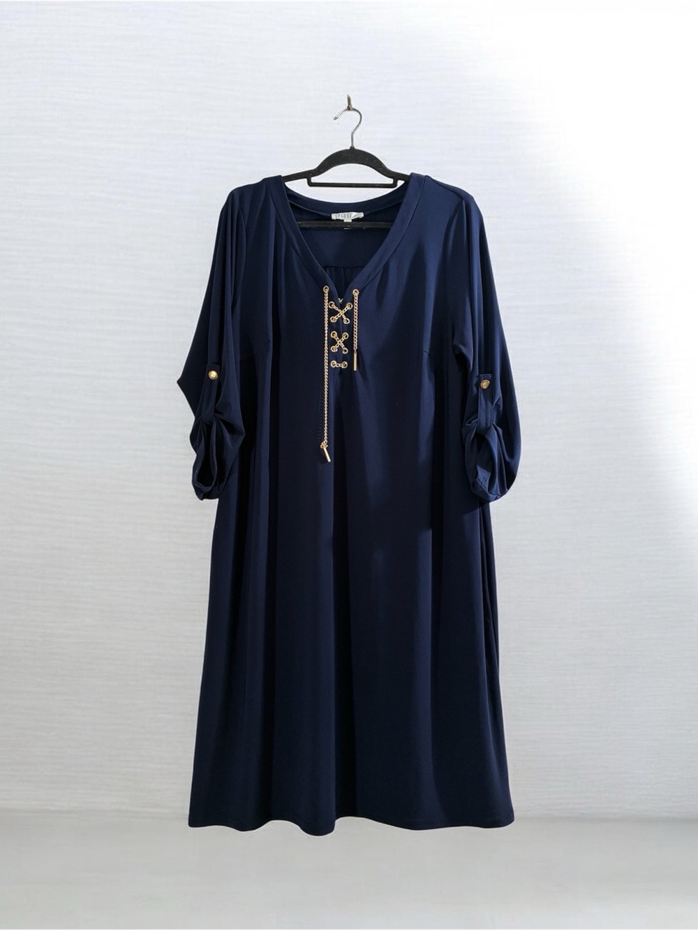 Spense Jersey Knit Navy Dress Roll Tab Sleeves